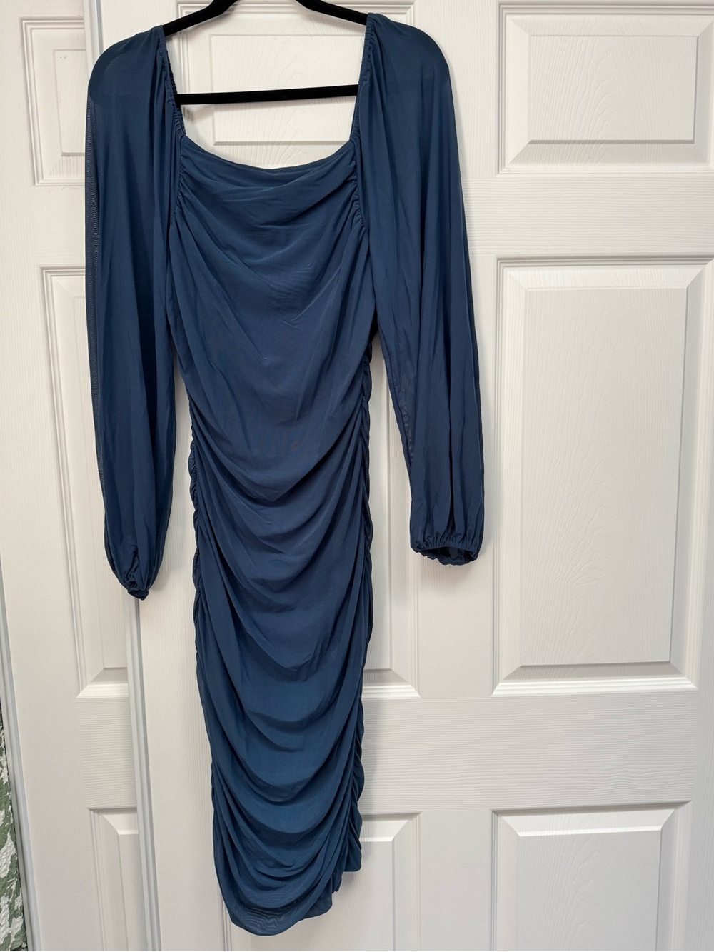 Long-Sleeve Navy Ruched Midi Dress